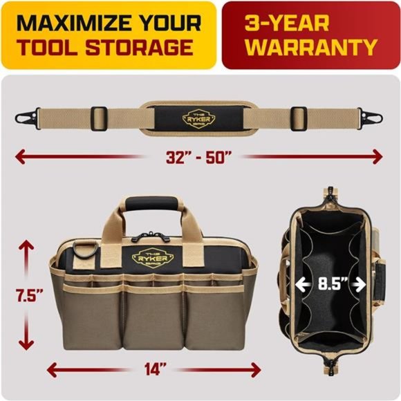 14" Tool Bag Organizer Small Tool Bag. Heavy Duty Tool Bags for Men. 22 Pocket - Picture 3 of 7